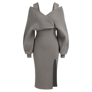 CIDER秋冬新品女装蕾丝镂空中长针织连衣裙105448594