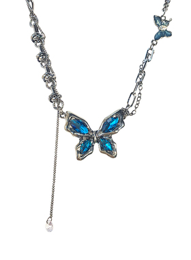 甜酷辣妹~蓝色蝴蝶重工项链个性时尚高级感锁骨链中性风轻奢颈链