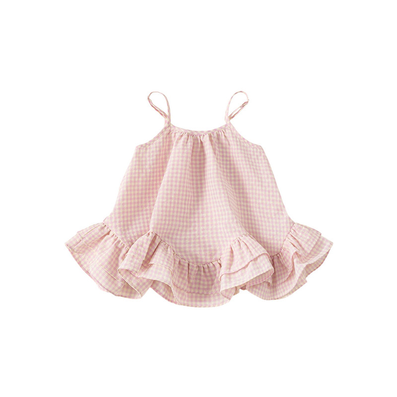 法国URCINS新品婴儿衣服夏薄款格纹吊带花边裙子女童连衣裙夏季