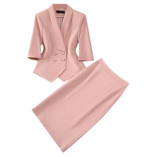 七分袖小西装套装女春夏高级感通勤浅绿美容师工作服轻熟优雅套裙