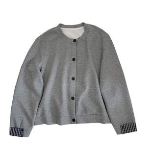 小格子拼接~简约休闲开衫卫衣女!春款百搭显瘦外搭无领夹克短外套