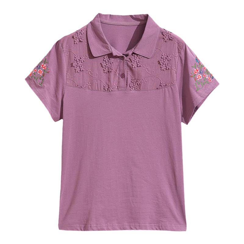 五十多岁妈妈夏装纯棉有领短袖t恤女中老年POLO衫半袖刺绣上衣服