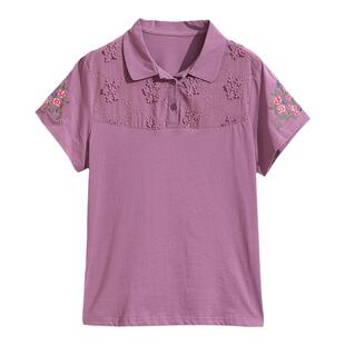 五十多岁妈妈夏装纯棉有领短袖t恤女中老年POLO衫半袖刺绣上衣服