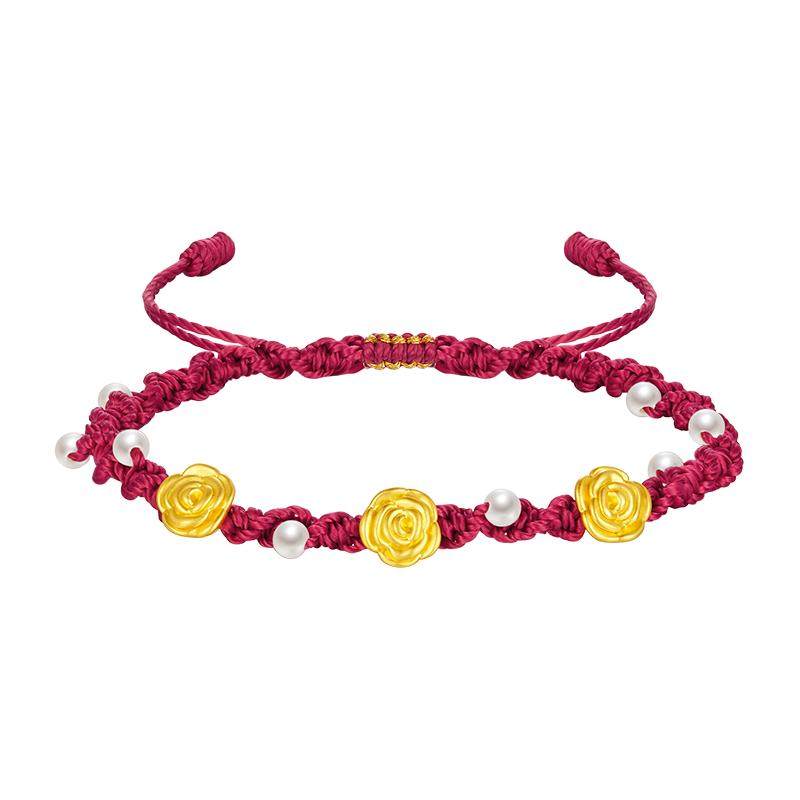 周大生黄金手链女足金硬金心动玫瑰花珍珠手绳新年礼物送女朋友