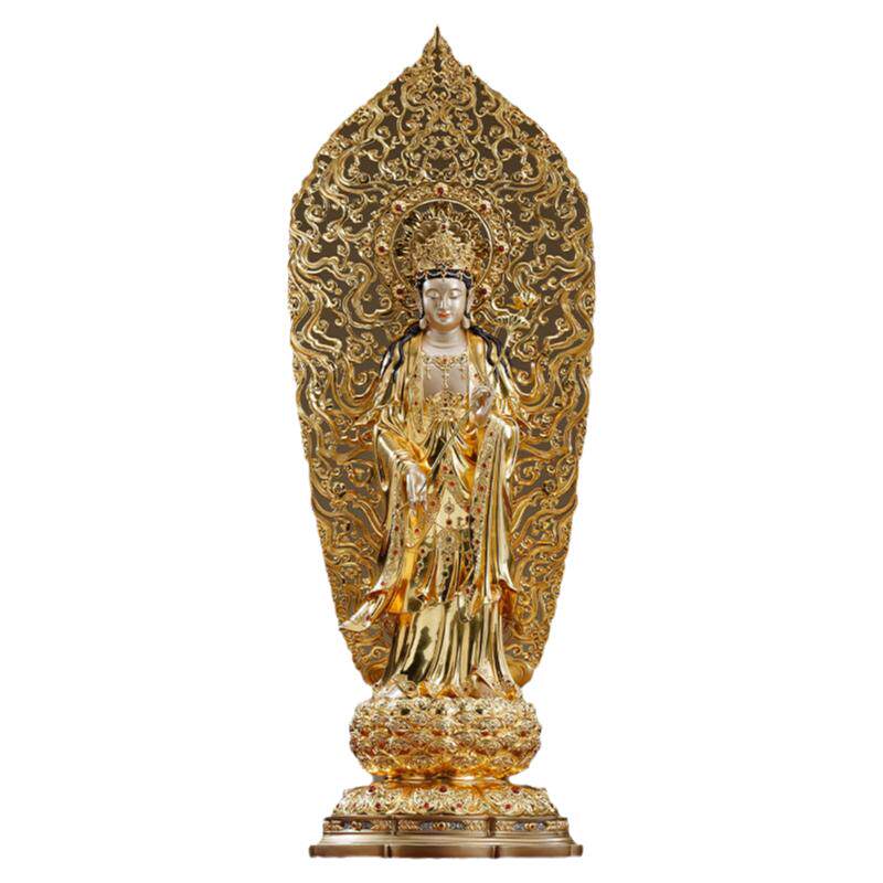 铜贴金西方三圣佛像大背光阿弥陀佛站像观音菩萨佛像家用供奉摆件