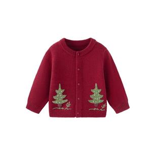 babylove婴儿针织开衫春秋红色毛衣宝宝羊毛保暖拜年衣服浮翠流丹