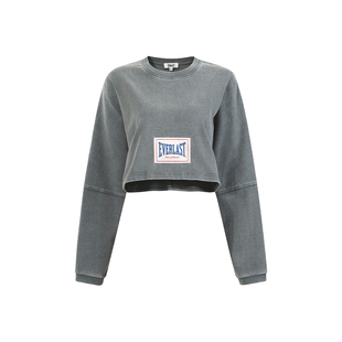 美国EVERLAST拳击运动健身上衣女短款纯棉重磅做旧露脐长袖t恤春