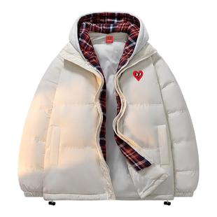 查尔斯桃心 美式假两件格子羽绒服男冬季可拆卸帽子防寒保暖外套