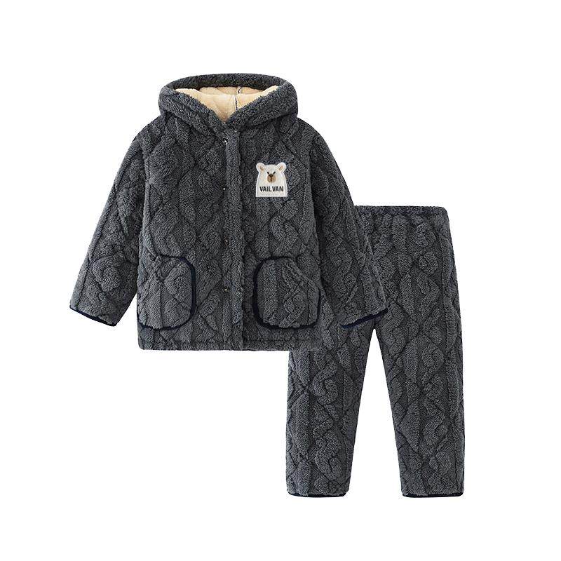 儿童睡衣冬季三层夹棉加厚法兰绒保暖套装男女中大童珊瑚绒家居服