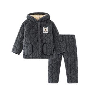 儿童睡衣冬季三层夹棉加厚法兰绒保暖套装男女中大童珊瑚绒家居服