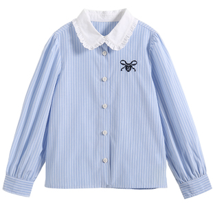 罗蒙女童长袖衬衫2026新款春装女孩洋气娃娃领学院风儿童绣花衬衣