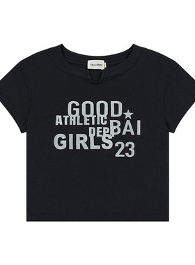 GOODBAI 23 GIRLS athletic撞色印花小V领紧身短款飞袖T恤