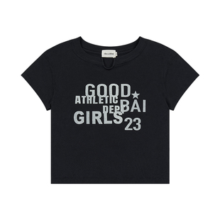 GOODBAI 23 GIRLS athletic撞色印花小V领紧身短款飞袖T恤