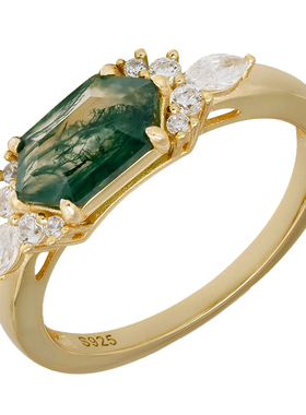 敦丽珠宝苔藓玛瑙戒指S925银镀金