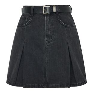 飘蕾美式复古牛仔百褶裙女秋季新款高腰显瘦A字短款半身裙