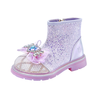 芭比童鞋女童靴子爱莎水晶鞋2025新款秋冬季小童马丁靴儿童公主靴