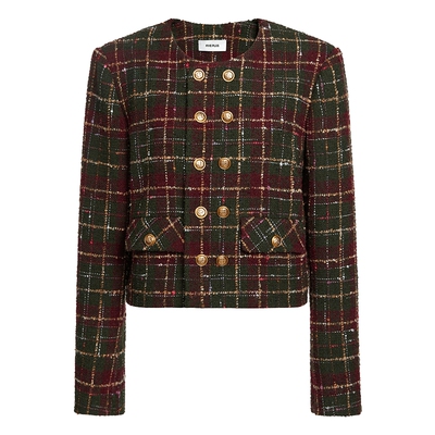 【FIVE PLUS 奥莱】小香风羊毛短外套女上衣格纹圆领双排扣女冬装