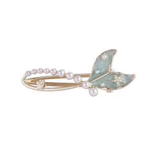 月半潮~仙气鱼尾侧边发夹 高档蓝色刘海夹百搭珍珠发卡发饰鸭嘴夹