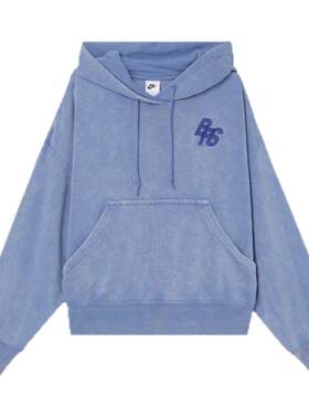 耐克Nike女子宽松短款雾霾蓝做旧水洗针织卫衣连帽衫HQ6039-486