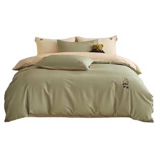 TeenieWeenie复古绿色全棉纯棉磨毛四件套刺绣被套床笠款柔软套件