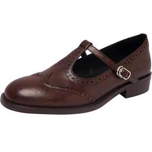 原野低跟复古风布洛克鞋丁字带圆头单鞋子女2025年春秋新款小皮鞋