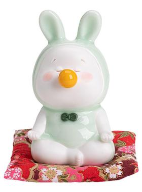 创意可爱打坐兔陶瓷摆件禅意家居饰品桌面小兔子工艺品办公室送礼