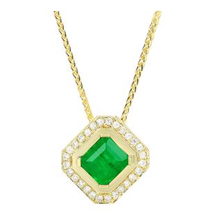 18K黄金天然无染色油祖母绿包镶吊坠 鲜绿镶钻石八角方形女款项链