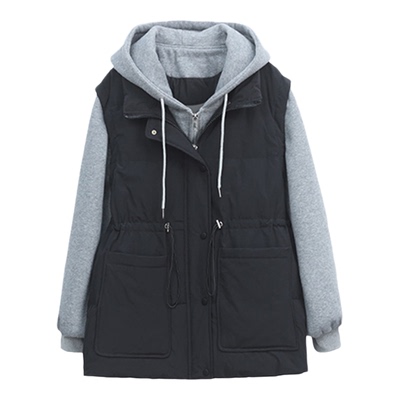 大码胖mm假两件拼接连帽棉衣棉服