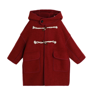 沫沫童装冬装女童新年外套2026秋冬季新款儿童拜年红色牛角扣大衣
