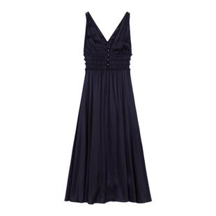 Maje2025春夏女装法式时尚黑色镂空V领无袖收腰长款吊带连衣裙