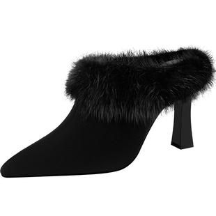 女式秋冬真毛粗跟拖鞋外穿新款尖头穆勒高跟鞋加绒毛毛包头半拖鞋