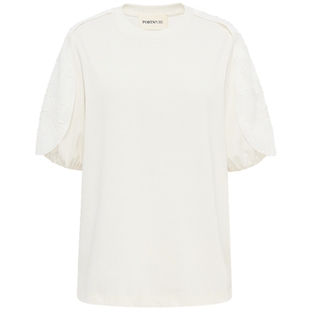 宝姿PORTSPURE女装甜美设计感纯色清新百搭荷叶短袖T恤上衣