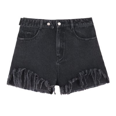 高腰毛边黑色牛仔短裤MSLAN