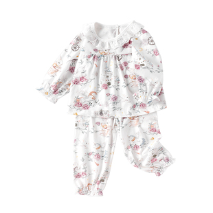 2件装儿童纯棉夏季长袖睡衣轻薄款空调服女童春秋宝宝家居服套装