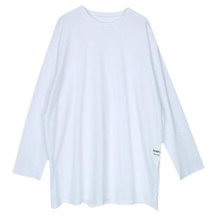 白体t恤女长袖宽松纯棉中长款侧开叉圆领遮屁股衣服卫衣打底衫女