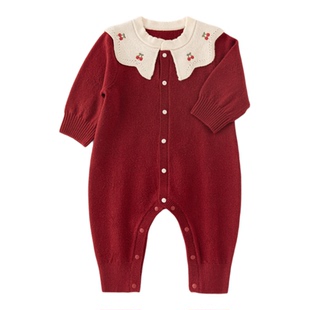 乖奇熊女宝宝针织保暖连体哈衣冬季婴儿童绵羊毛保暖红色过新年服