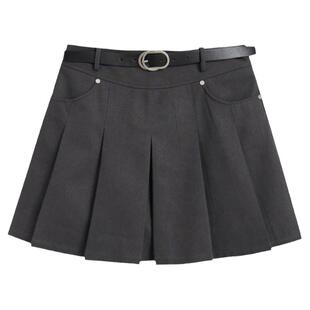 紫涵短款百褶裙女秋季新款纯色简约休闲气质高腰a字半身裙赠皮带