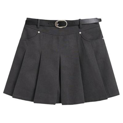 紫涵短款百褶裙女秋季新款纯色简约休闲气质高腰a字半身裙赠皮带