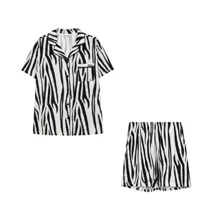 爱美丽纯棉斑马纹印花翻领睡衣女开衫短袖短裤家居服套装夏季新款