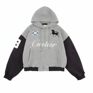 Grailz LEARL 25ss 拼接水洗做旧磨破刺绣战马拉链连帽卫衣男