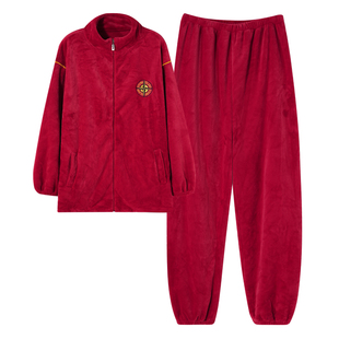 圆人睡衣女秋冬款珊瑚绒加厚家居服加绒拉链款红色本命年立领套装