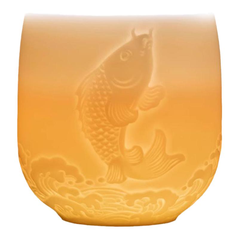 钰铨龙门大号浮雕羊脂玉瓷主人杯