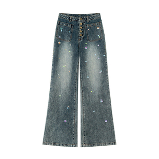 IUIU ONLINE 阿克尼重工复古彩色印花涂鸦牛仔裤女显高显瘦微喇裤