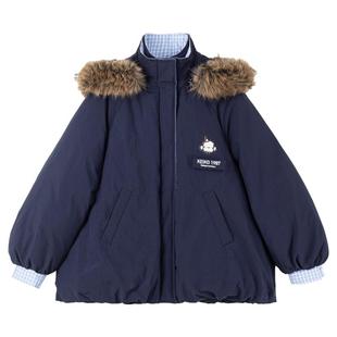 KEIKO 环保貂子毛领假两件连帽棉服冬季花苞型显瘦加厚棉袄派克服