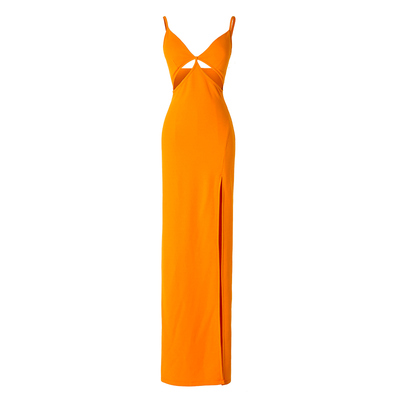 性感开叉长裙涤沦纯色低胸吊带