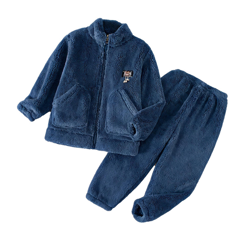 儿童法兰绒家居服套装男童女童秋冬加厚保暖拉链睡衣可爱外穿韩版