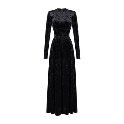 XULU原创秋冬新款细腻钻石绒黑色百搭气质圆领修身长袖连衣裙