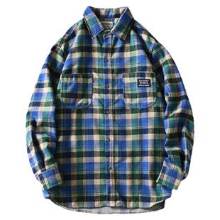 外贸原单日系百搭文艺范休闲春秋男士磨毛花格子长袖衬衣衬衫外套