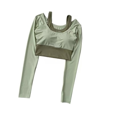 瑜伽服长袖假两件运动上衣短款