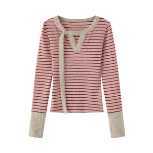 ASTRSK韩系复古条纹毛绒拼接长袖T恤秋冬甜美修身内搭打底衫上衣